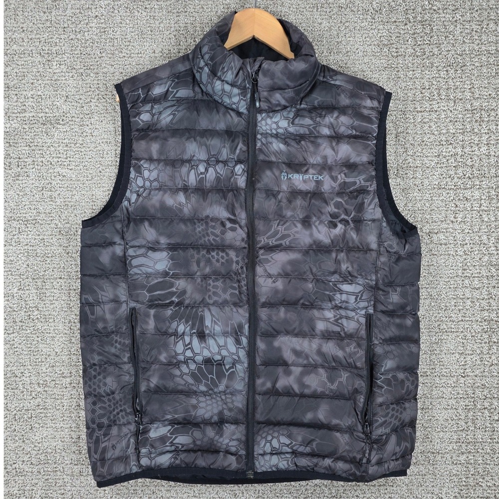 Kryptek Cirius Camo Puffer Vest Mens Large Black Grey Goose Down Hunting
